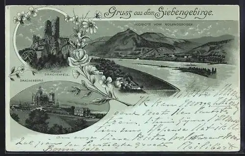 Mondschein-Lithographie Drachenfels, Ruine, Drachenburg, Aussicht vom Rolandsbogen