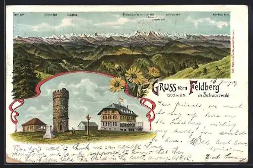 Lithographie Feldberg / Schwarzwald, Gasthaus zum Feldbergturm, Gipfelpanorama