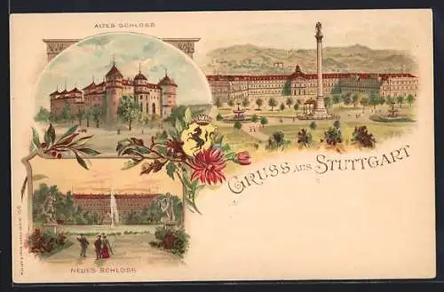 Lithographie Stuttgart, Altes Schloss, Neues Schloss, Platz aus der Vogelschau