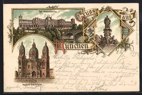 Lithographie München, Maximilianeum, Kirche St. Lucas, Denkmal