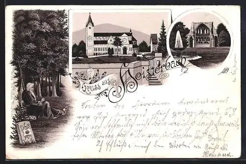 Lithographie Heisterbach, Klosterruine, Kirche, Mönch im Gebet