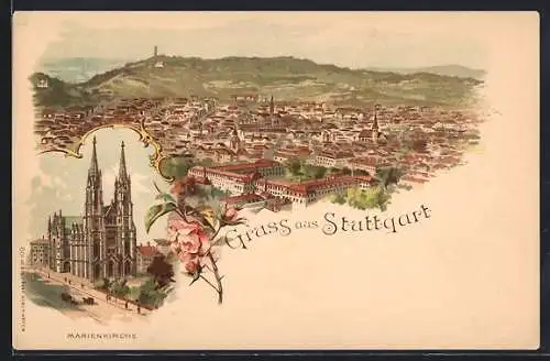 Lithographie Stuttgart, Marienkirche, Panoramablick auf die Stadt