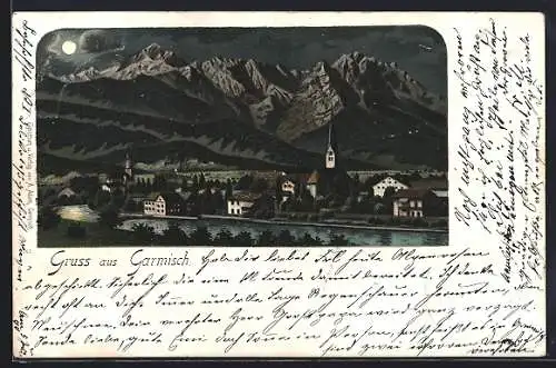 Lithographie Garmisch, Ortsansicht gegen das Gebirge