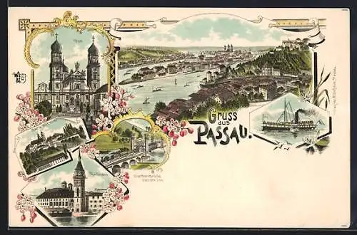 Lithographie Passau, Dom, Maria-Hilf-Kirche, Rathaus und Eisenbahnbrücke über den Inn