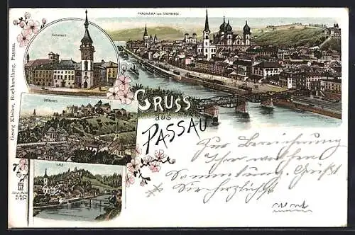 Lithographie Passau, Rathhaus, Oberhaus, Hals, Panorama vom Stadtberge