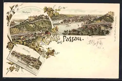 Lithographie Passau, Oberhaus, Mariahilf, Ortsansicht aus der Vogelschau