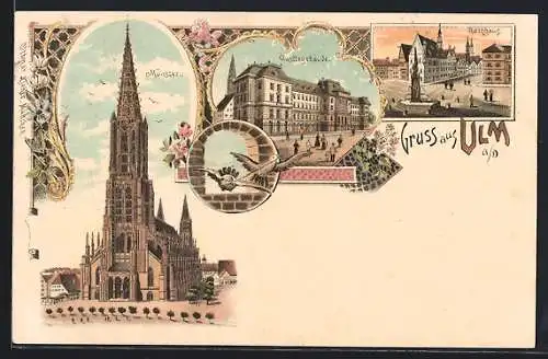 Lithographie Ulm a. D., Münster, Justizgebäude, Rathaus-Partie mit Brunnendenkmal