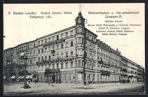 AK Dresden, Grand Union Hotel, Bismarckplatz u. Hauptbahnhof