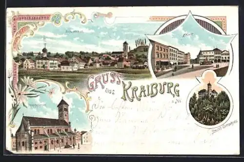 Lithographie Kraiburg, Schloss Guttenburg, Markt, Totalansicht