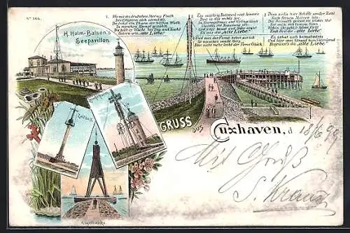 Lithographie Cuxhaven, Gasthaus Seepavillon H. Holm-Balsen, Leuchtthurm, Zeitball, Hafen