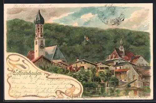 Lithographie Wolfratshausen, Blick auf Kirche