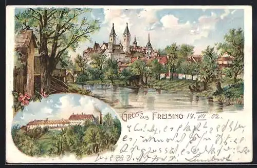 Lithographie Freising, Flusspartie mit Ortsansicht, Weihenstefan