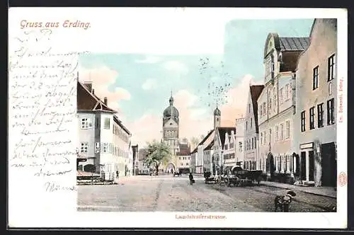 AK Erding, Landshuterstrasse mit Torturm, Fuhrwerke