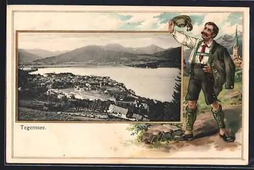 Passepartout-Lithographie Tegernsee, Ortsansicht am Wasser, geprägter Wanderer in Tracht