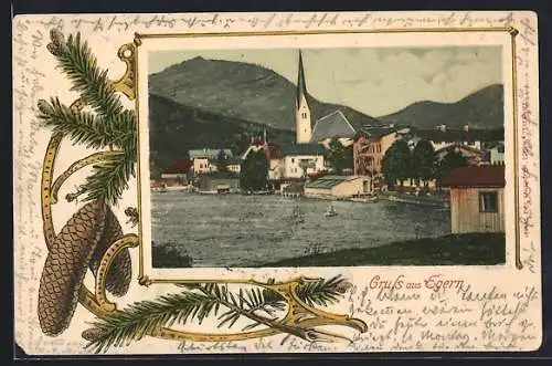 AK Egern, Blick in den Ort zur Kirche