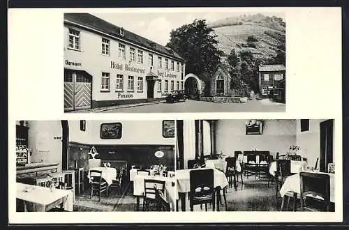 AK Heppingen /Ahr, Hotel-Restaurant Burg Landskron H. Platte mit Kapelle und Tor, Garagentor, Innenansichten