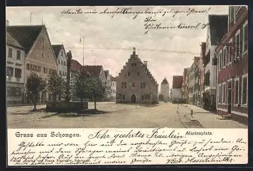 AK Schongau, Marienplatz mit Säulendenkmal und Turm