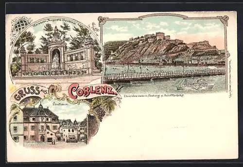 Lithographie Coblenz, Kaiserin Augusta Denkmal, Kaufhaus, Festung