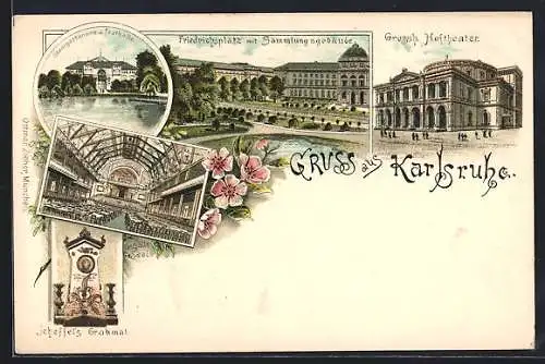 Lithographie Karlsruhe, Stadtgartensee und Festhalle, Festhalle-Saal, Scheffels Grabmal, Hoftheater