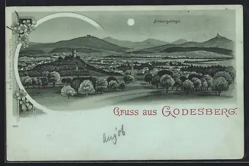 Mondschein-Lithographie Godesberg, Gesamtansicht mit Siebengebirge