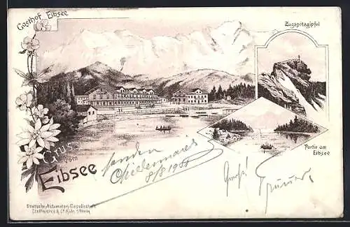 Lithographie Eibsee, Gasthof Eibsee, Zugspitzgipfel, Ortspartie