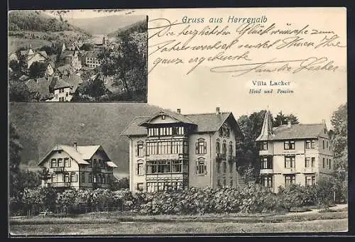 AK Herrenalb, Hotel und Pension Villa Lacher, Ortsansicht aus der Vogelschau