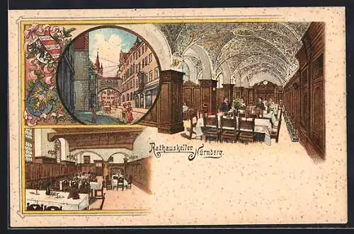 Lithographie Nürnberg, Gasthaus zum Rathauskeller, Innenansichten