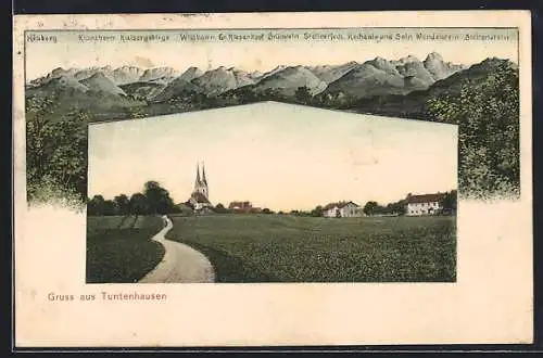 AK Tuntenhausen, Ortspanorama mit Landstrasse u. Feldern, Gebirgspanorama