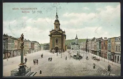 AK Mähr.-Weisskirchen, Stadtplatz mit Kirche