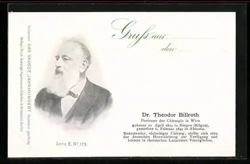 AK Dr. Theodor Billroth, Professor der Chirurgie in Wien, geb. 20.4.1829, gest. 6.2.1894