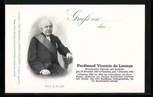 AK Diplomat und Gelehrter Ferdinand Vicomte de Lesseps, Erbauer des Suez-Kanals, Halbportrait mit Schärpe