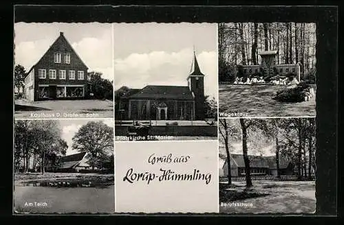 AK Lorup /Hümmling, Kaufhaus D. Grote & Sohn, Wegekreuz, Bereufsschule