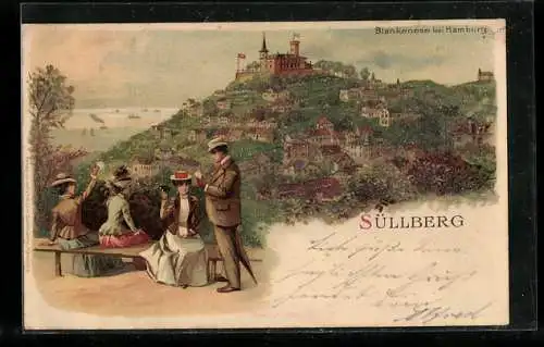 Lithographie Hamburg-Blankenese, Pärchen blicken zum Süllberg