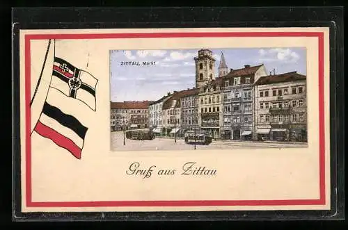 AK Zittau, Markt, Deutsche Flaggen, Nationalfaben-Banderole