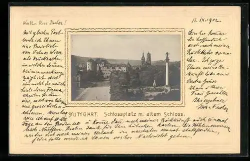 Präge-AK Stuttgart, Schlossplatz mit altem Schloss, Ornament-Rahmen