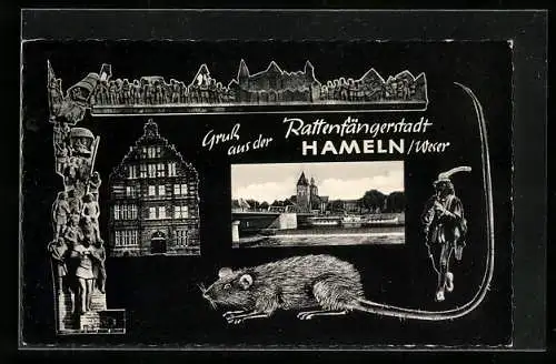 AK Hameln, Rattenfänger-Relief, Rattenfänger u. Ratte, Brückenpartie