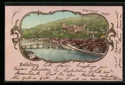 Präge-AK Heidelberg, Ortsansicht mit Schloss u. Brücke, Ornament-Rahmen