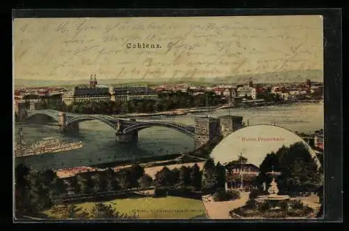 AK Coblenz, Rhine-Promenade, Stadtpanorama mit Brücke