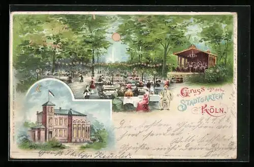 Lithographie Köln-Neustadt, Restaurant zum Stadtgarten, Illumination im Garten