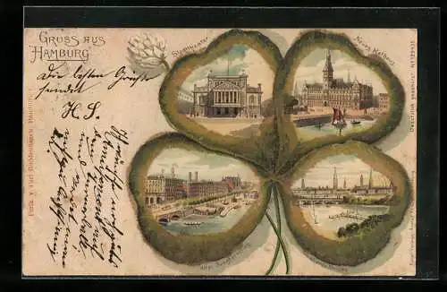 Passepartout-Lithographie Hamburg, Theater, Alter Jungferstieg, Rathaus u. Lombards-Brücke im Kleeblatt