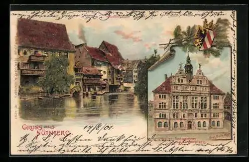 Lithographie Nürnberg, Neues Amtsgebäude, Flusspartie, Wappen