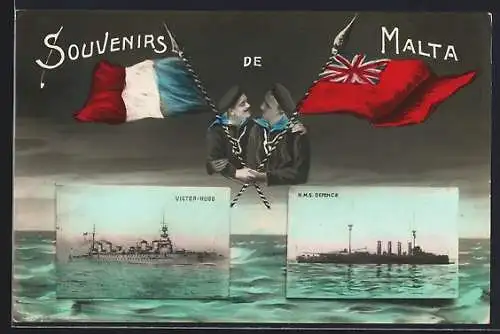 AK Malta, Kriegsschiffe Victor-Hugo und H. M. S. Defence, Französischer und britischer Soldat