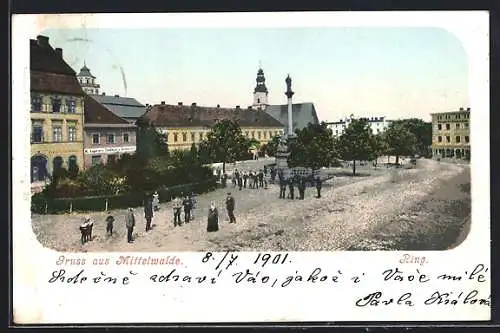 AK Mittenwalde, Ring mit Denkmal, einer Conditorei, einigen Menschen