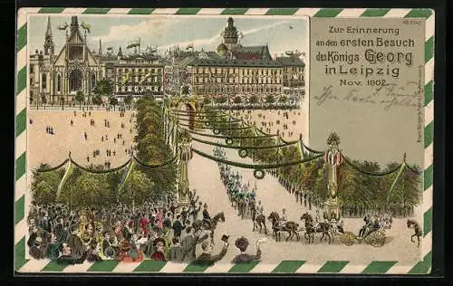 Lithographie Leipzig, Anlasskarte zur Erinnerung an den ersten Besuch des Königs Georg, Militärparade