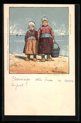 Künstler-AK Friedrich Kallmorgen: holländische Mädchen stehen mit einem Eimer am strand, Segelboote