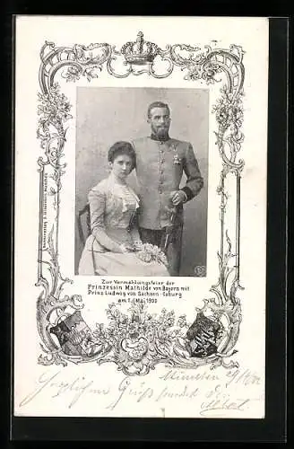 AK Prinz Ludwig mit seiner Braut von Sachsen-Coburg-Gotha im verzierten Rahmen