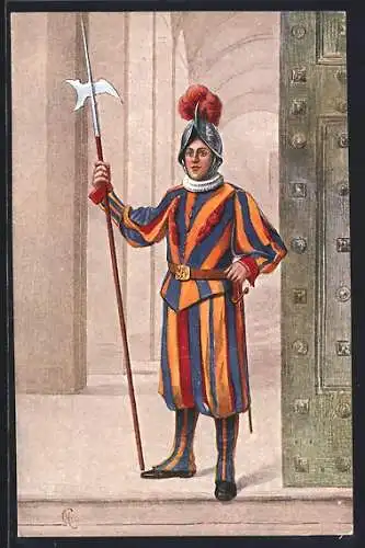 AK Vatikanstadt, Schweizergarde mit Lanze und Helm, in basse uniforme