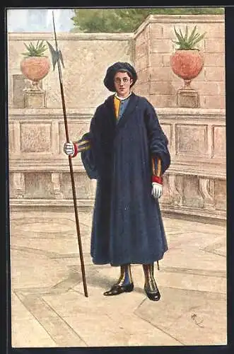 Künstler-AK Vaticano, Guardia Svizzera in tenuta invernale