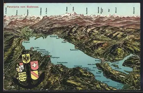 AK Friedrichshafen, Panorama vom Bodensee mit Ortsbezeichnungen u. Alpen, Wappen