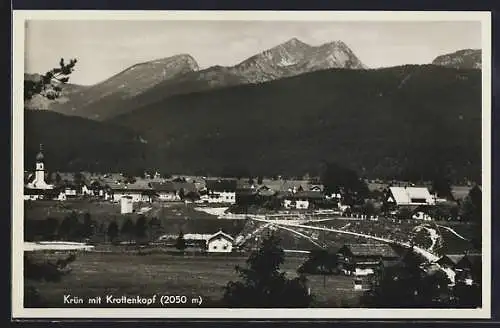 AK Krün, Ortsansicht mit Krottenkopf aus der Vogelschau